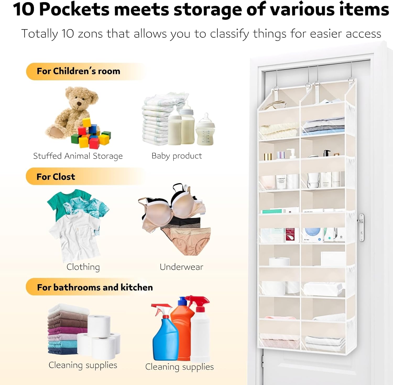 Ofiray-home Over the Door Organizer 5 Tiers,Extra Large Behind Door Storage of 10 Compartments,80 lbs Weight Capacity Over the Door Storage, Door Hanging Organizer for Closet, Diaper Organizer, Beige