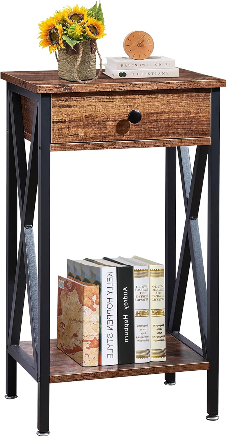 VECELO Tall Nightstand,27.6 inch Wooden End Table with Metal X-Frame,Side Tab...