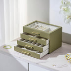 Jewelry Box Organizer Case for Women: 4-Layer Jewelry Storage Case with Glass Window, Olive Green Leather with Cream Velvet, Holder for Ring Necklace Bracelet Brooch Watch, Great Gift for Her