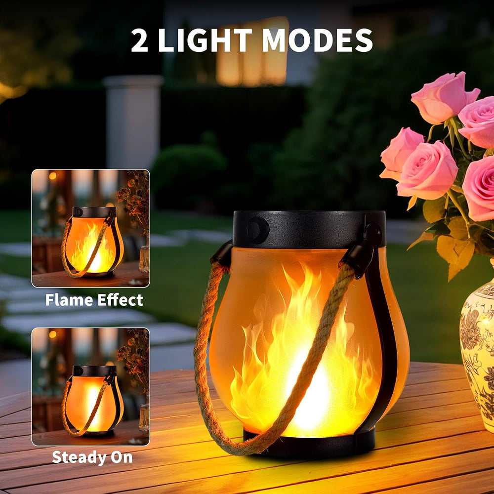 2 Pack Solar Flame Lantern Lights — Flickering Flame Hanging Lanterns Outdoor...