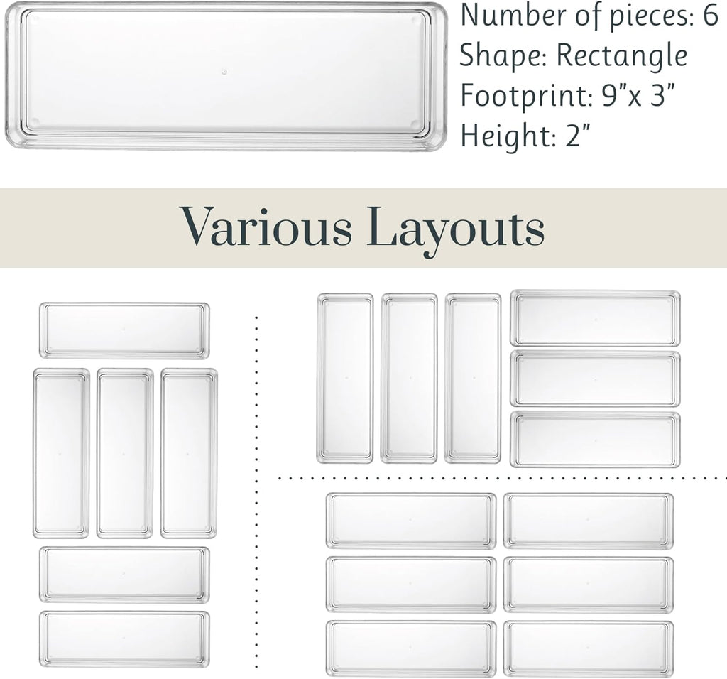 STORi SimpleSort 6-Piece Stackable Clear Drawer Organizer Set | 9" x 3" x 2" Rectangle Trays | Narrow Makeup Vanity Storage Bins and Office Desk Drawer Dividers | Made in USA