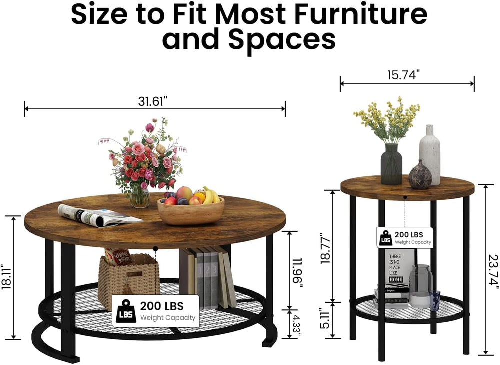 Recaceik Round Coffee Table and End Table Set of 3 with Storage, Modern Vinta...