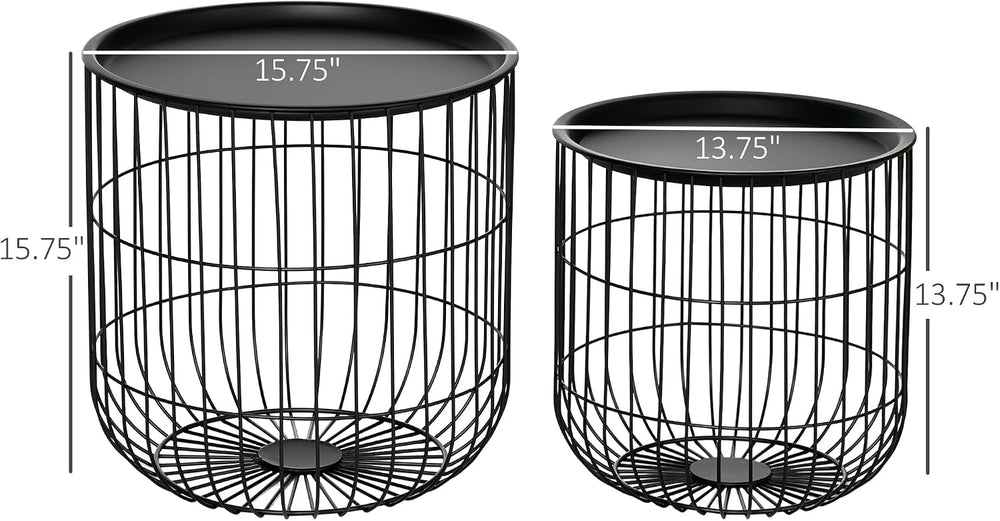 HOMCOM Nesting Coffee Tables Round Wire Basket Table Set of 2 Black | Removab...