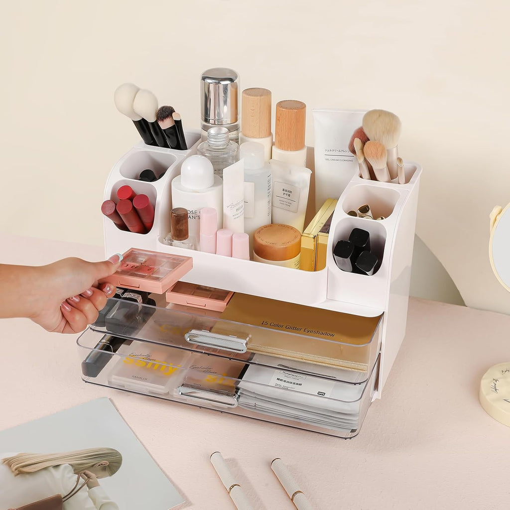 Makeup Organizer, Desk Organizer with 2 Large Drawers, Cosmetics Storage Box for nail polish,Lipstick, Brushes, Jewelry, Skincare, Bathroom Organization Boxes