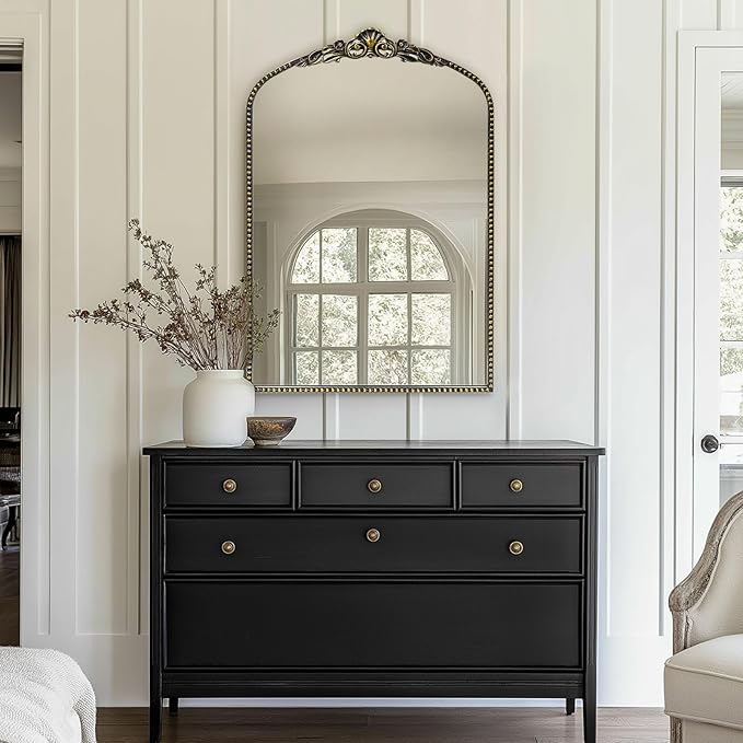 G-LEAF Vintage Baroque Mirror 24"X36", Victorian Antique Farmhouse Mantel Mirror with Black Brush Gold Ornate Metal Frame for Fireplace Entryway Living Room Hallway Bathroom