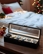 Watch Box, Watch Case for Men Women with Large Glass Lid, Wooden Watch Display Storage Box with 6 - Slots, Charcoal Black Mens Watch Box Organizer
