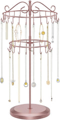 iDavosic.ly 2 Tier Rotating Necklace Holder Organizer with 42 Hooks, Adjustable Metal Bracelet Display Stand Rack, Extra Tall Keychain Spinning Tree Tower for Women, Rose Gold