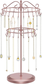 iDavosic.ly 2 Tier Rotating Necklace Holder Organizer with 42 Hooks, Adjustable Metal Bracelet Display Stand Rack, Extra Tall Keychain Spinning Tree Tower for Women, Rose Gold