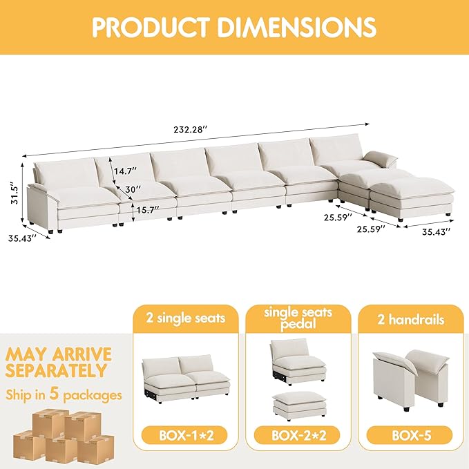 Homall 232" Modular Sectional Sofa, Oversized Sofa Couch with Reversible Ottoman, DIY Combination Chenille Deep 6-Seat Cloud Couch for Living Room, Apartment (White, Oversized Sofa)