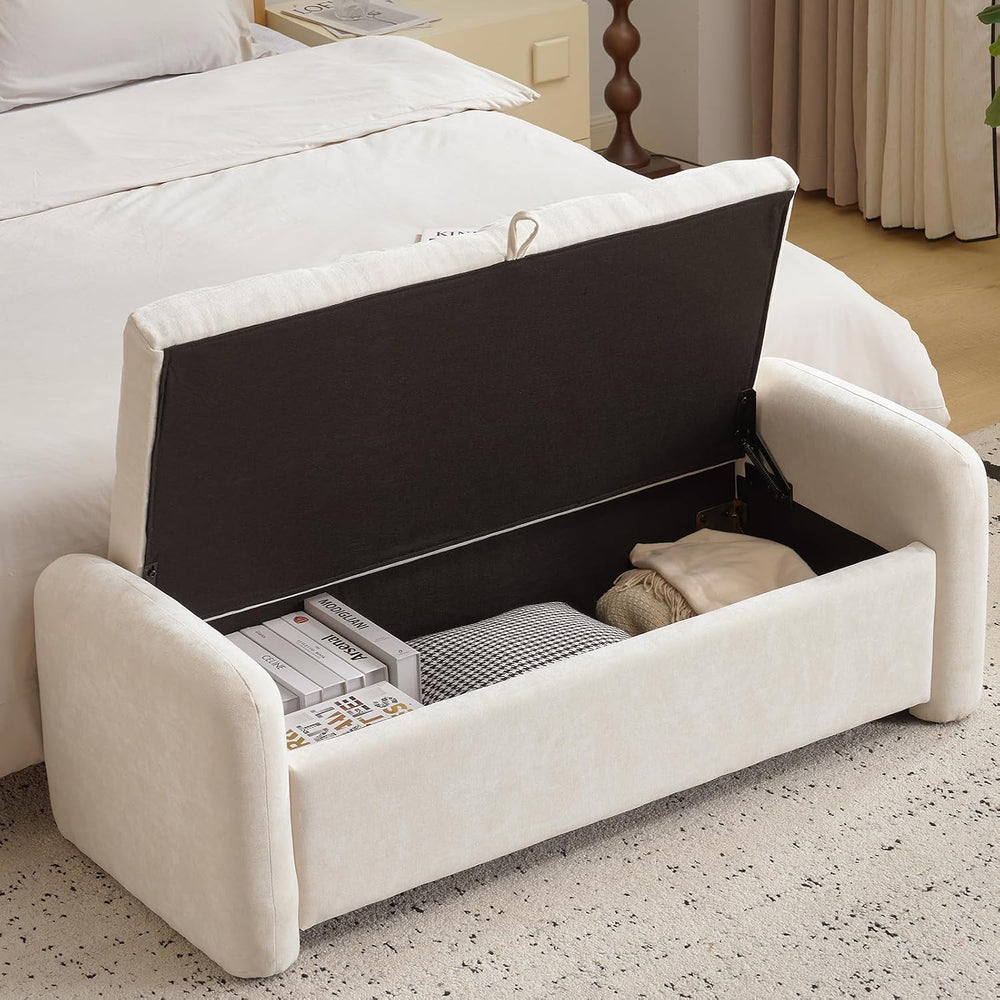 Oversized Ottoman Bench with Storage, Chenille Beige | Oversized Storage Benc...