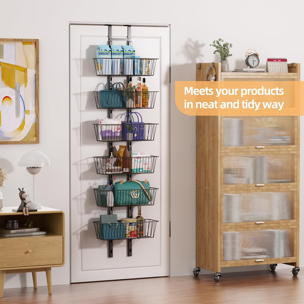 6-Tier Over The Door Pantry Organizer, Metal Hanging Storage Shelf with Adjustable 6 Baskets, Space-Saving Design Hanging Spice Rack for Kitchen, Bathroom, Laundry Room, Black
