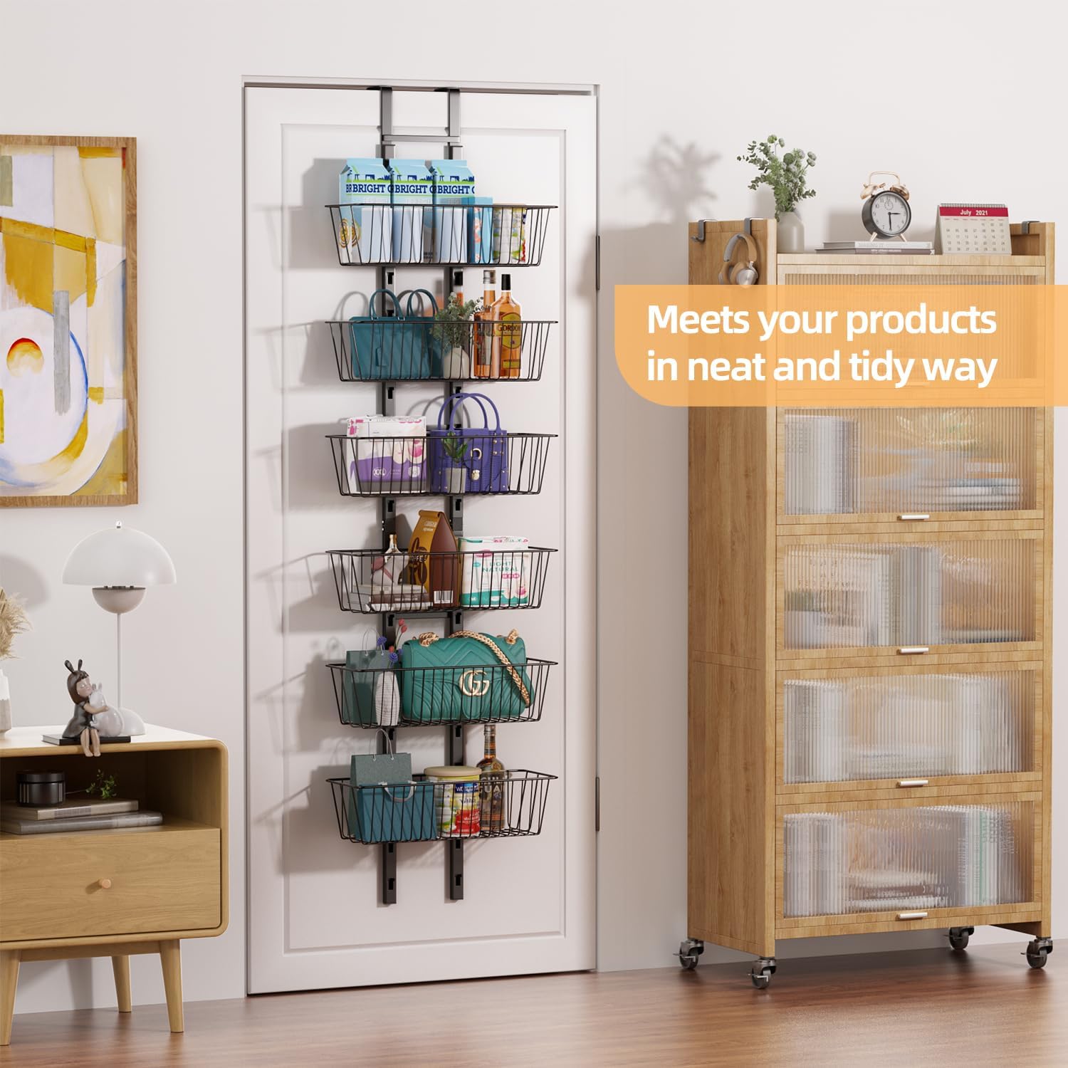 6-Tier Over The Door Pantry Organizer, Metal Hanging Storage Shelf with Adjustable 6 Baskets, Space-Saving Design Hanging Spice Rack for Kitchen, Bathroom, Laundry Room, Black