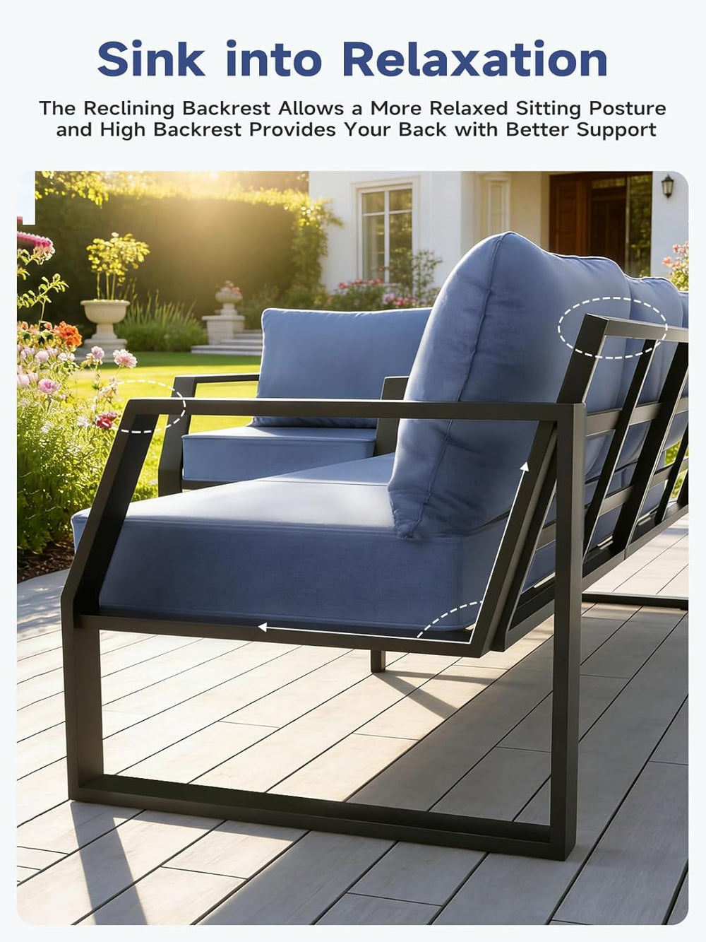 Oversized Outdoor Modern Patio Sofa for 3, 5" Thick Cushions, Deep Seat ...