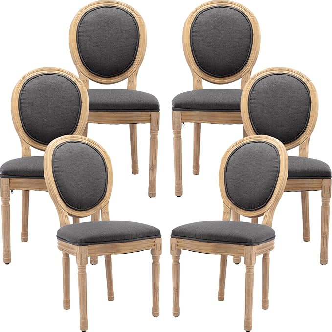 French Country Dining Chairs Set of 6, Gray Kitchen & Dining Room Chairs Set of 6, Linen Upholstered Dining Chairs, Wood Legs, Sillas De Comedor (Fabric, Grey, 6Pcs)