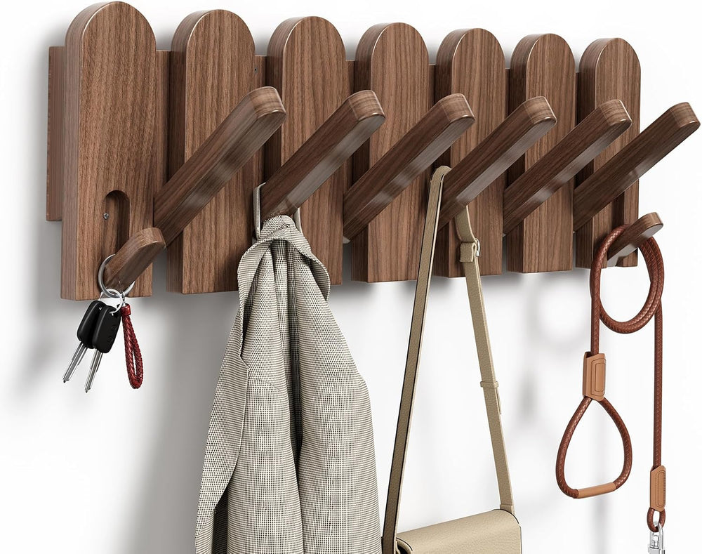 Solid Walnut Coat Rack Wall Mount 16.5",Wall Mounted Coat Rack with 8 Hooks