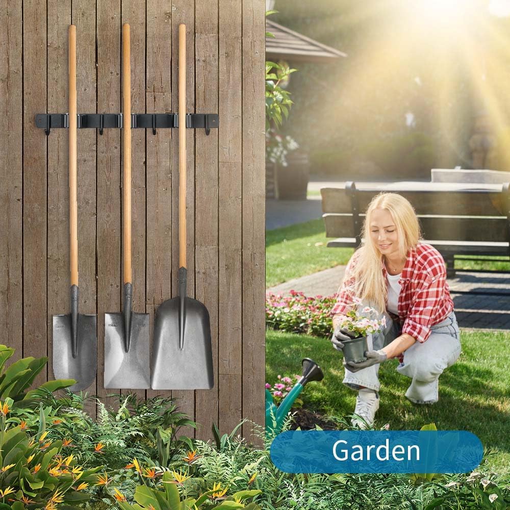 Broom Hanger and Mop Holder, Heavy Duty Garden Tool Organizer Rack Rake and Shovel Handle, Stainless Steel Wall Mounted Utility Rack with Screws (5 Racks with 4 Hooks, Matte Black).
