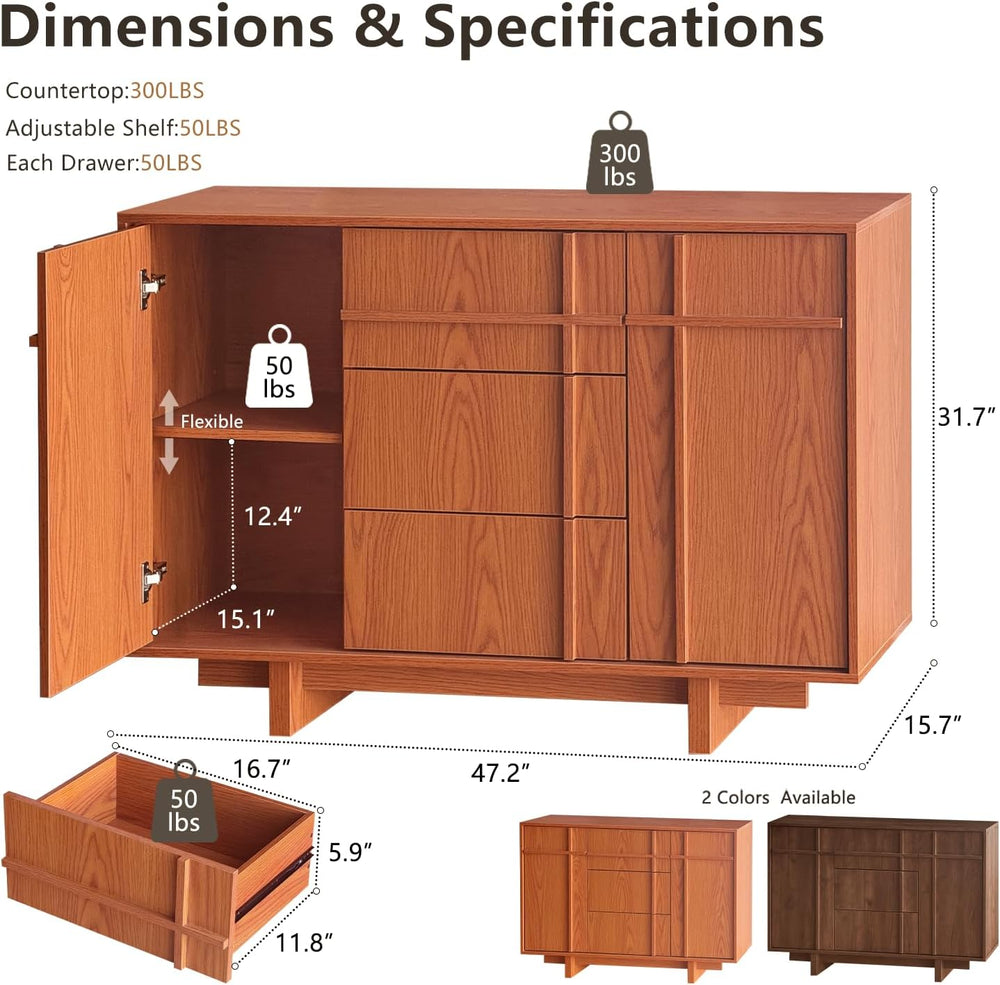 47.2" Buffet Cabinet with Storage, Skeleton Line Design, Cherry
