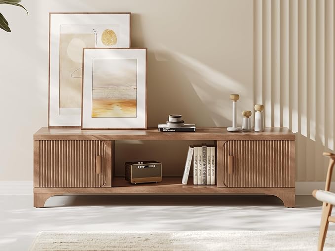 58 Inch Mid Century Modern TV Stands for Living Room, Boho Media Console for Bedroom, TV Entertainment Center with Storage, Wood Television Cabinet, Light Brown