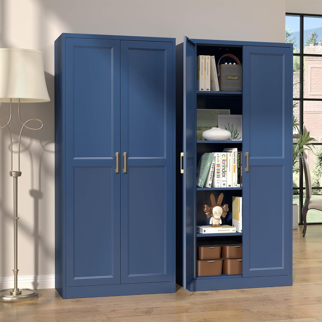 SteeLoong Kitchen Pantry Cabinet,71” Metal Pantry Storage Cabinets with Doors and 4 Adjustable Shelves,Blue Kitchen Cabinet with 2 Gold Handles,Tall Cabinet for Livingroom