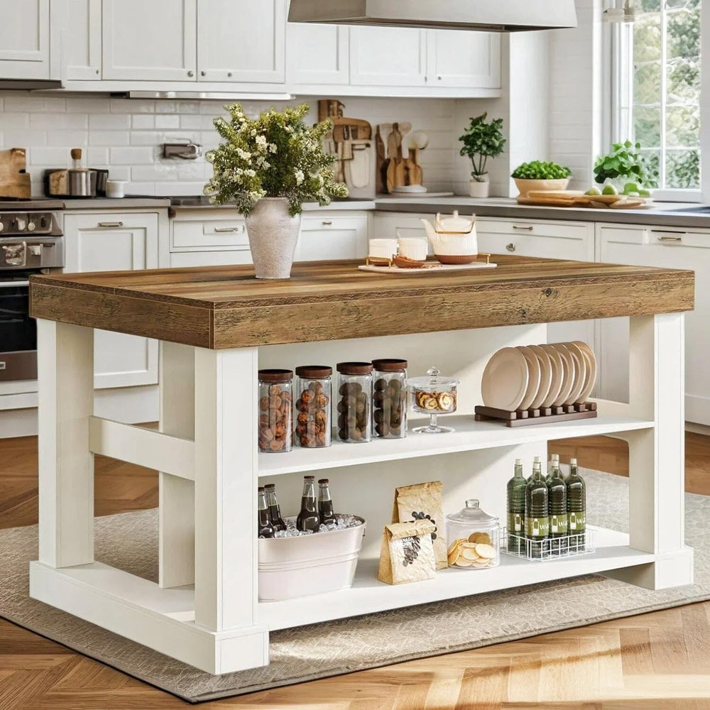 Tribesigns Kitchen Island with Storage, 55-Inch Farmhouse Stationary Island T...