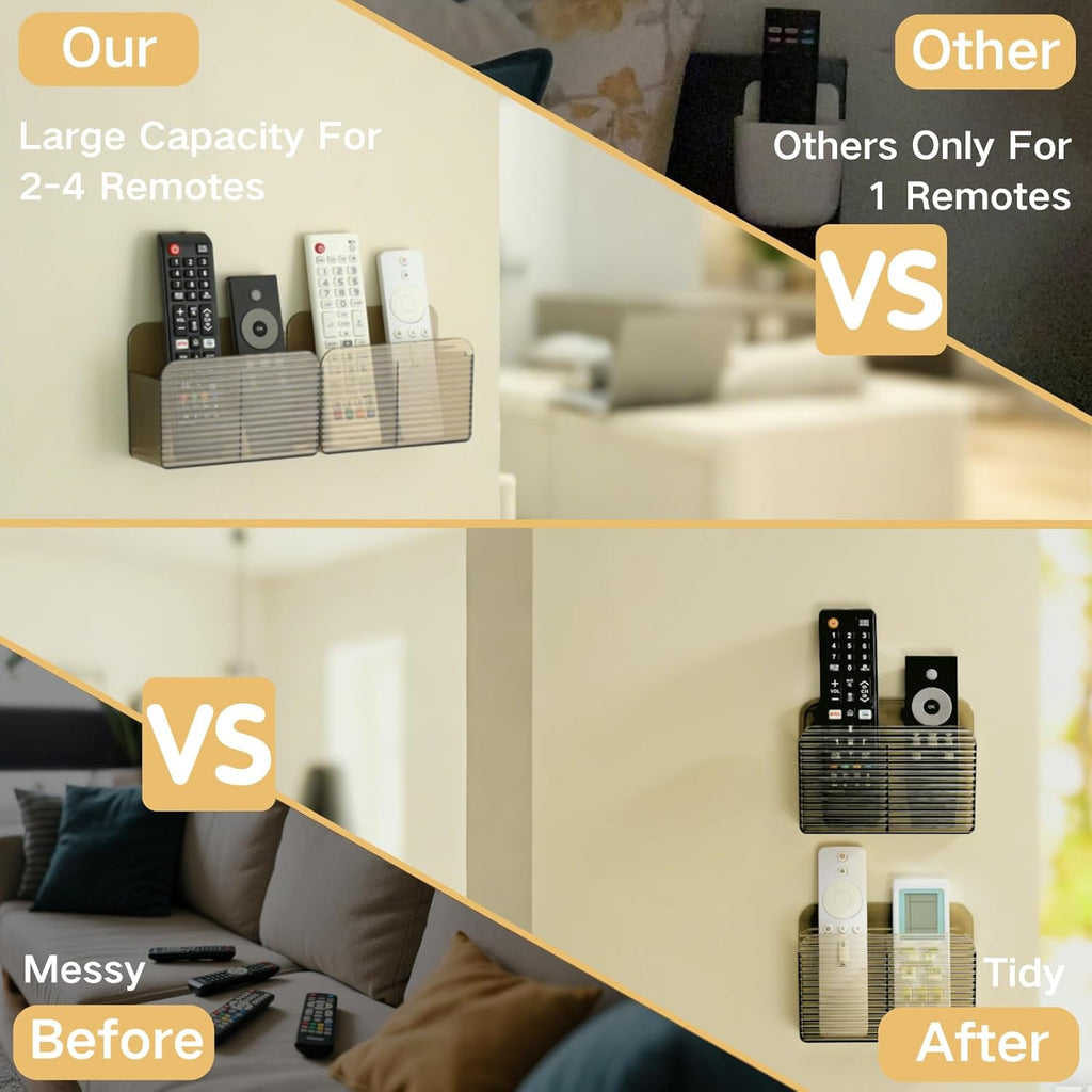 LINFIDITE Adhesive TV Remote Control Holder Wall Mount TV Remote Holder For Bedside Wall Remote Control Caddy Storage Organizer Stand Box （For 2 Or 4 Remote Controls –Clear Brown – Quantity 1）