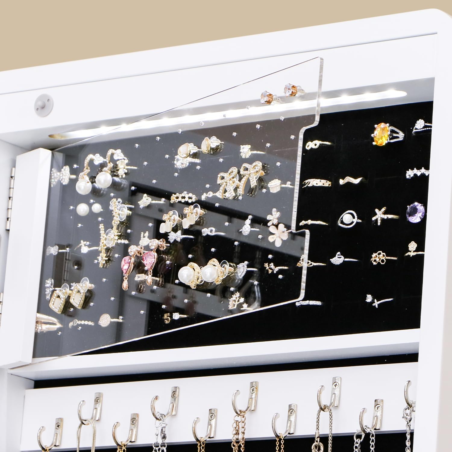 Full Length Mirror Jewelry Armoire Cabinet Standing Organizer | Lockable Jewelry Storage for Women Girl Full-Length Frameless LED Lights 6 Drawers White