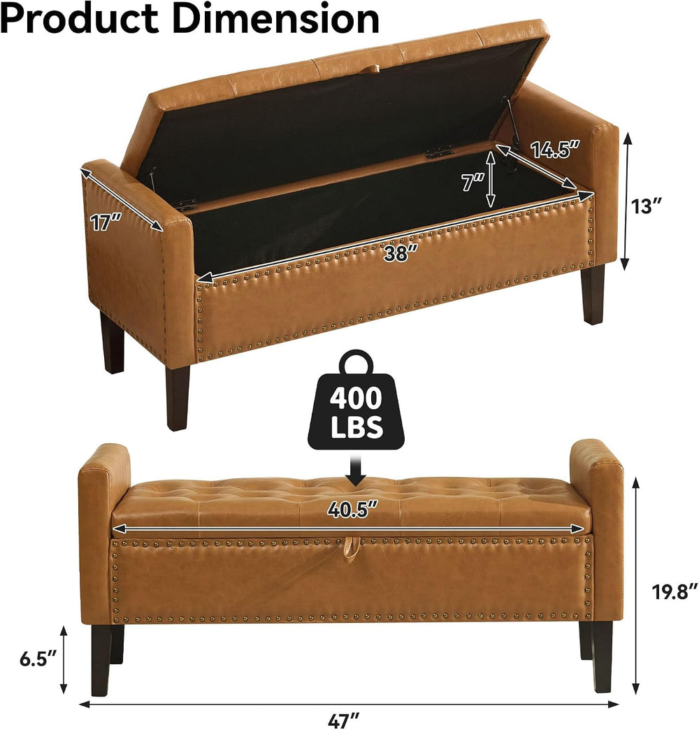 WUTUTUEE 47" Modern Water-Resistant Faux Leather Storage Ottoman Bench w...