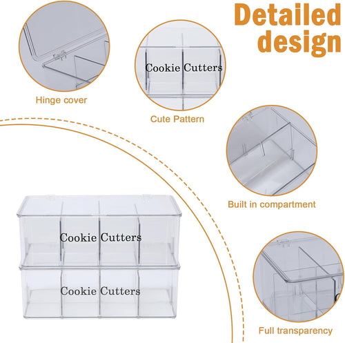 2 Pack Cookie Cutter Tool Storage Box,Cake Decorating Supplies Storage Accessories Bins,Baking Storages Containers with Dustproof Lid,Biscuits Cutter Organizer Storages with 8 Adjustable Compartment