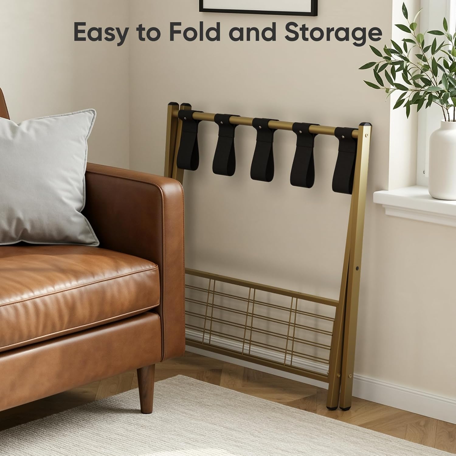 Smart FENDEE 2 Packs Fully Assembled Steel Luggage Rack, Folding Suitcase Stand with Shoe Shelf, Portable Luggage Holder for Guest Room, Bedroom, Hotel, Brass