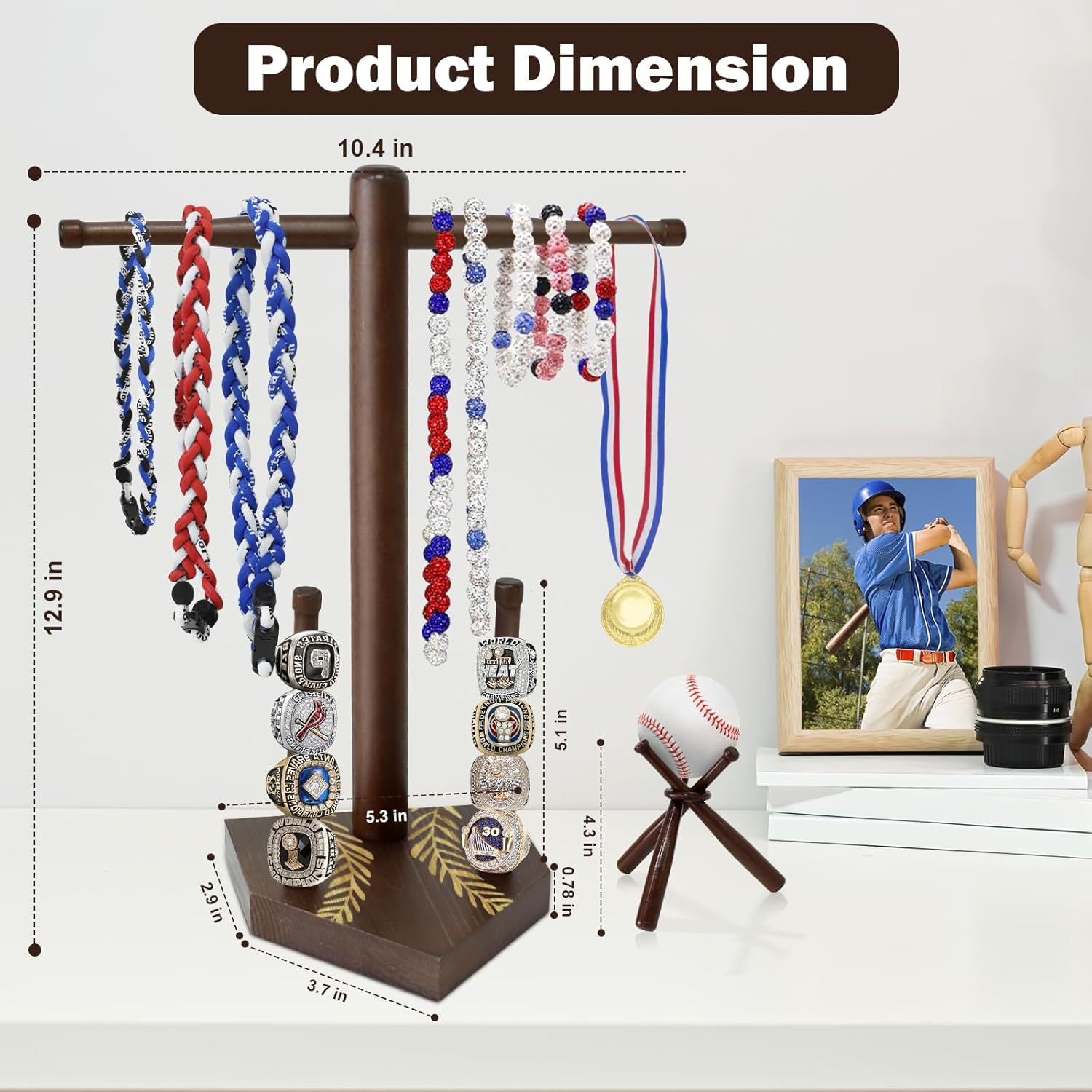 Wooden Baseball Ring & Necklace Holder – Championship Rings Display Stand for Softball & Baseball, Sports Ring Organizer Holder Gift for Players & Fans