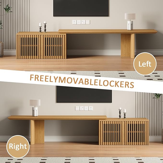 XEW Extendable TV Stand with Storage and Shelves, Wood Entertainment Center for 55+ Inch TV, Modern TV Console, Minimalist Media Console for Living Room, Bedroom-Wood (Extendable: 60.6"-84.3")