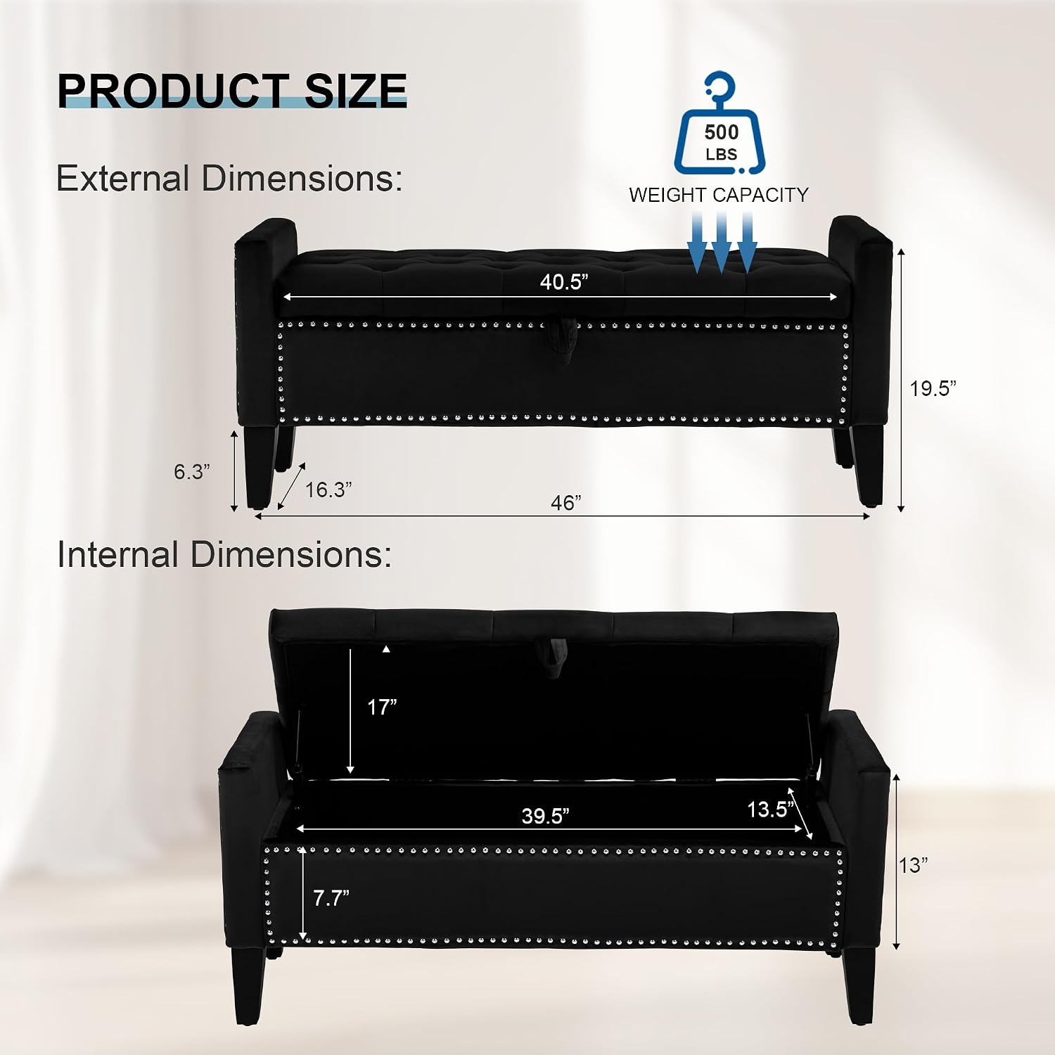 Storage Ottoman Bench, Velvet Upholstered Footstool for Bedroom and Living Room, Tufted Seat with Storage, Wooden Legs & Metal Rivets, Black