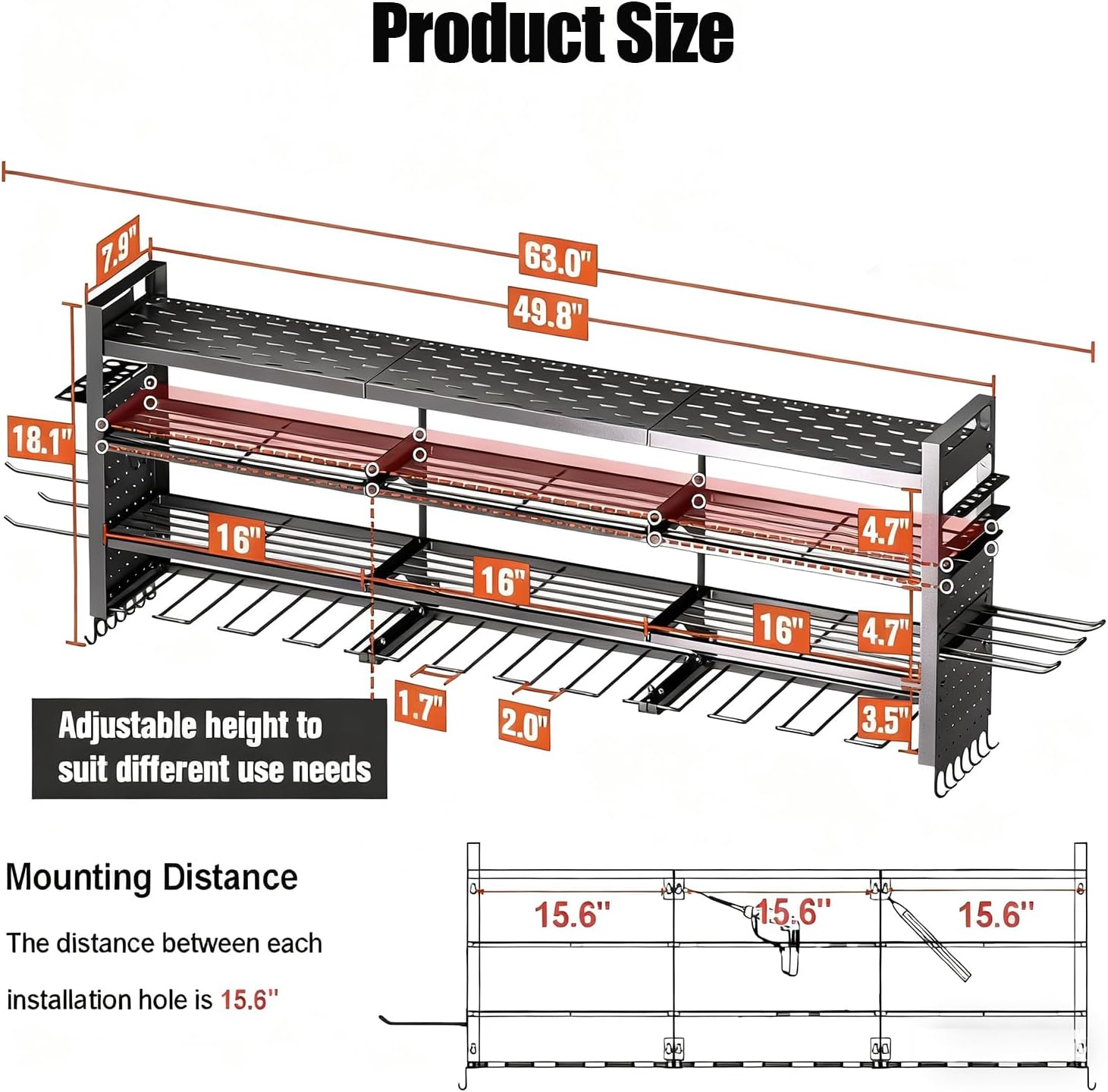 49" W Super Large Power Tool Organizer Wall Mount,Heavy Duty Cordless Tool Organizer with 14 Drill Holder,450 Lbs Capacity 4-Layer Garage Organization for Garage and Workshop (Black)