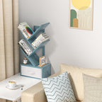 Small Book Shelf with Drawer,4 Tier Black Tree Bookshelf,Blue Desktop Bookcase,Modern Desk Display Storage Bookshelves,Floor Standing Organizer Bookcases for Living Room,Bedroom,Office