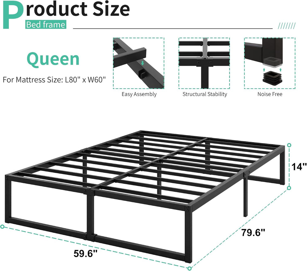 Lutown-Teen 14 Inch Queen Bed Frame with Heavy Duty Steel Slat Support