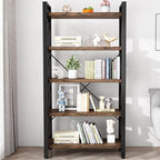 5 Tier Bookshelf Rustic Solid Wood Industrial Style Bookcase,Metal and Real Wood Vintage Bookshelf,Book Shelves Home Office, Retro Brown,Dark Matching credenza(LZ01-05tier) (5Tiers)