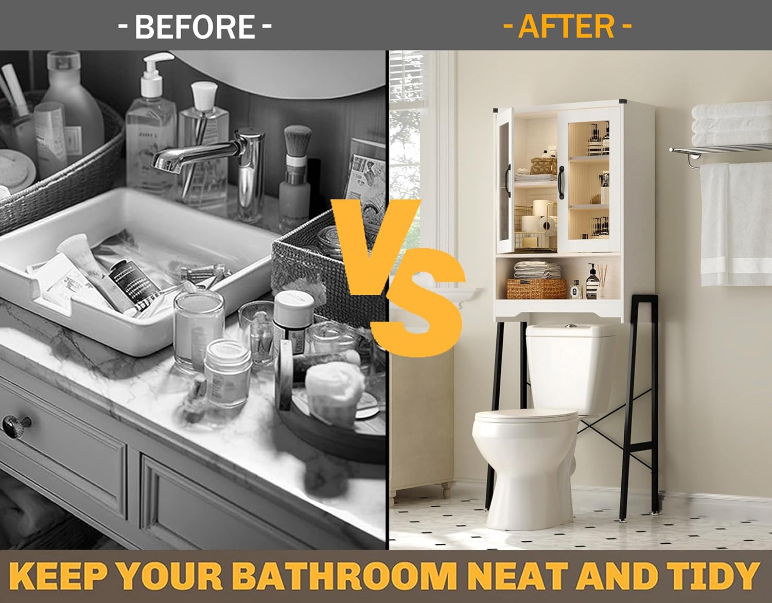 Over The Toilet Storage Cabinet with Tempered Glass Doors & Metal Stand, Over Toilet Organizer with Adjustable Shelf Space Saver Over Toilet , Tall Freestanding Shelf/Rack for Bathroom, Modern, White