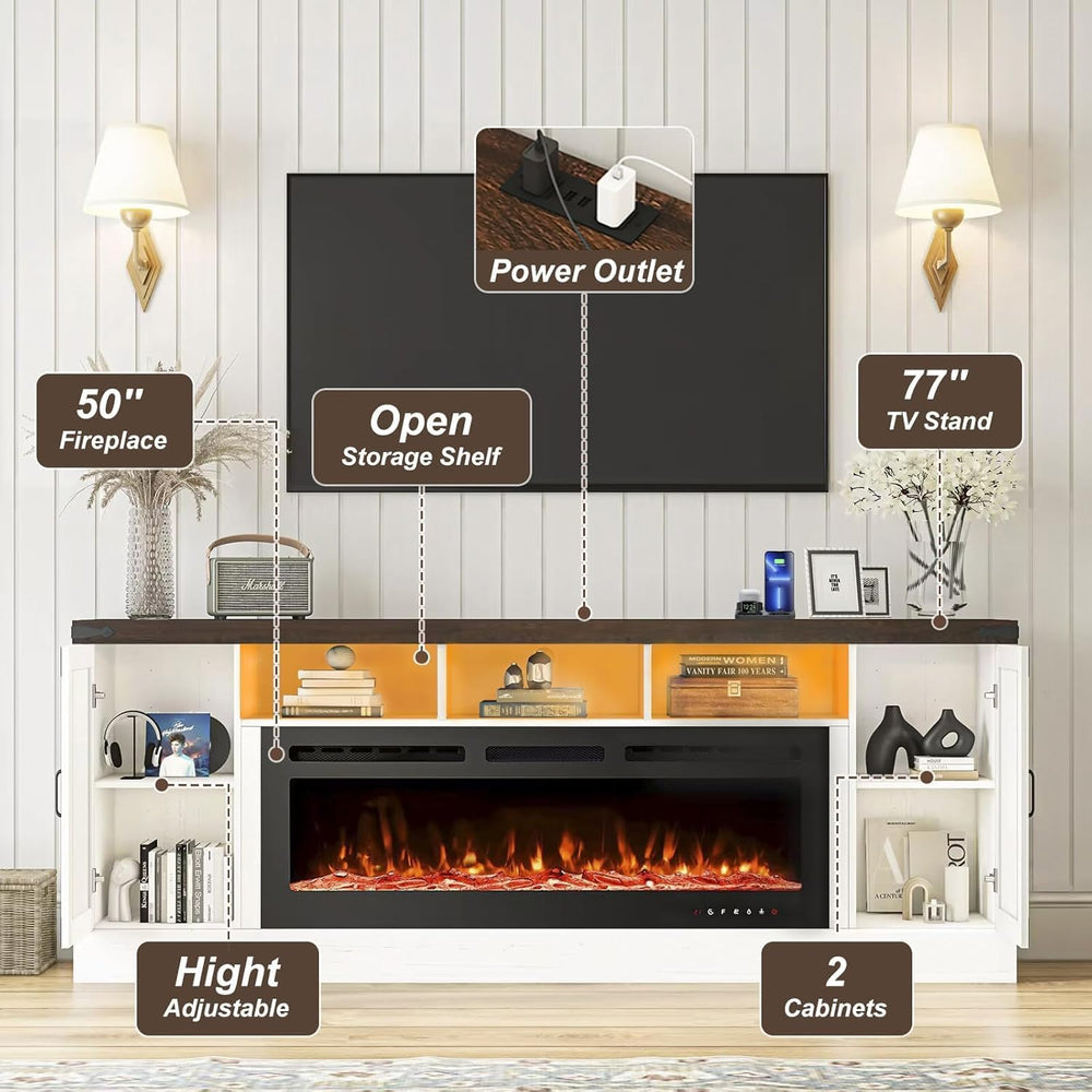 77 INCH Fireplace TV Stand for 85 Inch TVs, Farmhouse Entertainment Center wi...