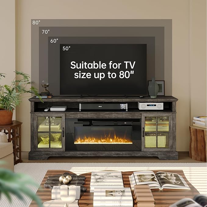 70" Farmhouse TV Stand with 36" Fireplace for TVs up to 80", Media Entertainment Center with Adjustable Shelves and Large Storage Cabinets, for Living Room, Gray & Black
