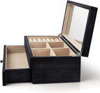 Meangood Jewelry Box Organizer for Women, 2 Layer Large Jewelry Storage Case, Rustic Wooden Jewelry Box with Mirror & Ring Tray for Necklace Earring Bracelets Rings, Vintage Style (Black)