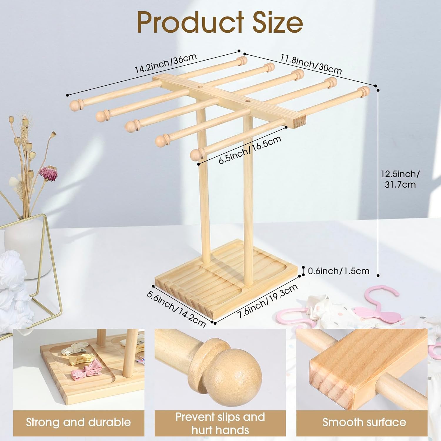 POVETIRE Headband Holder Stand Bow Organizer for Girls, 5 Row Wooden Bow Holder for Girls Hair Bows,Baby Headband Storage Infant Hair Accessories Rack Display for Nursery Decor