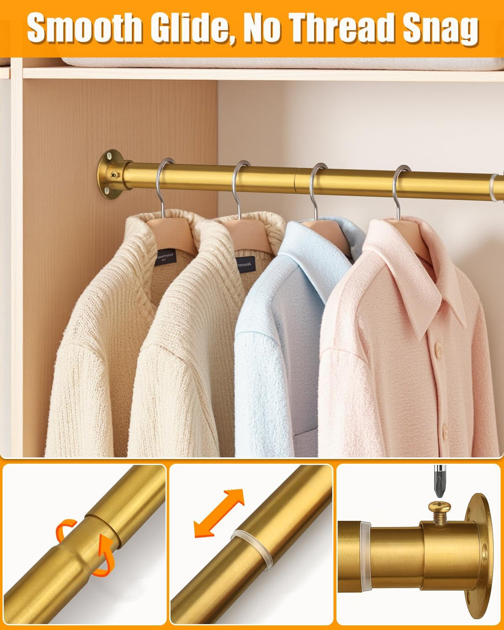 Closet Rods for Hanging Clothes, 17-76 Inch Heavy Duty and Stepless Adjustable Closet Poles, Stainless Steel Closet Hanging Rod for Closet, Wardrobes, Laundry Room, Bathroom, RV (Gold)