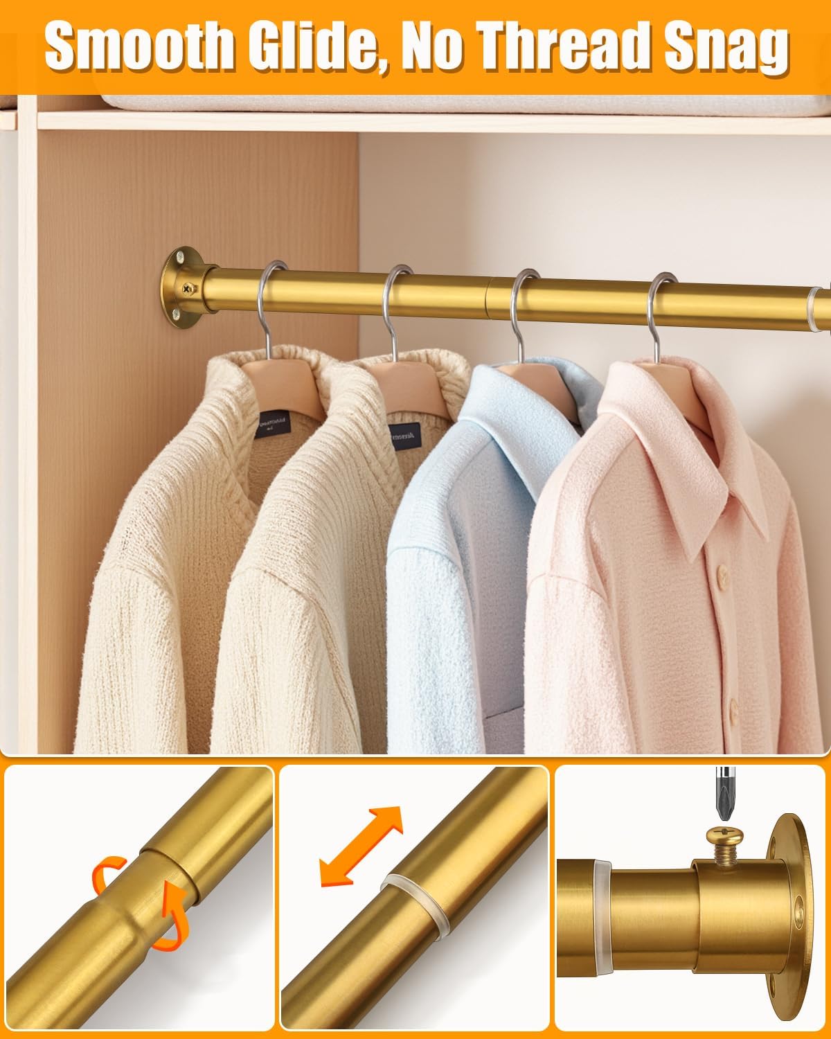 Closet Rods for Hanging Clothes, 17-76 Inch Heavy Duty and Stepless Adjustable Closet Poles, Stainless Steel Closet Hanging Rod for Closet, Wardrobes, Laundry Room, Bathroom, RV (Gold)