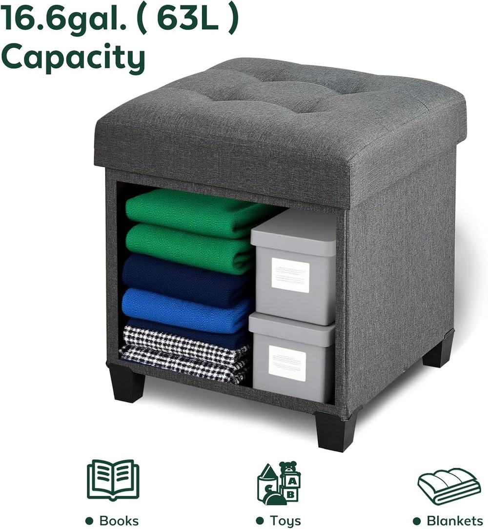 Ottoman with Storage, Square Storage Ottoman for Dorm, Linen Ottomans with Le...