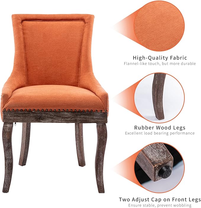 Dining Chairs Set of 8, Kitchen & Dining Room Chairs, Fabric Upholstered Dinning Chairs, Sillas De Comedor, Nailhead Trim, Wood Legs (Orange, 8 Pcs)