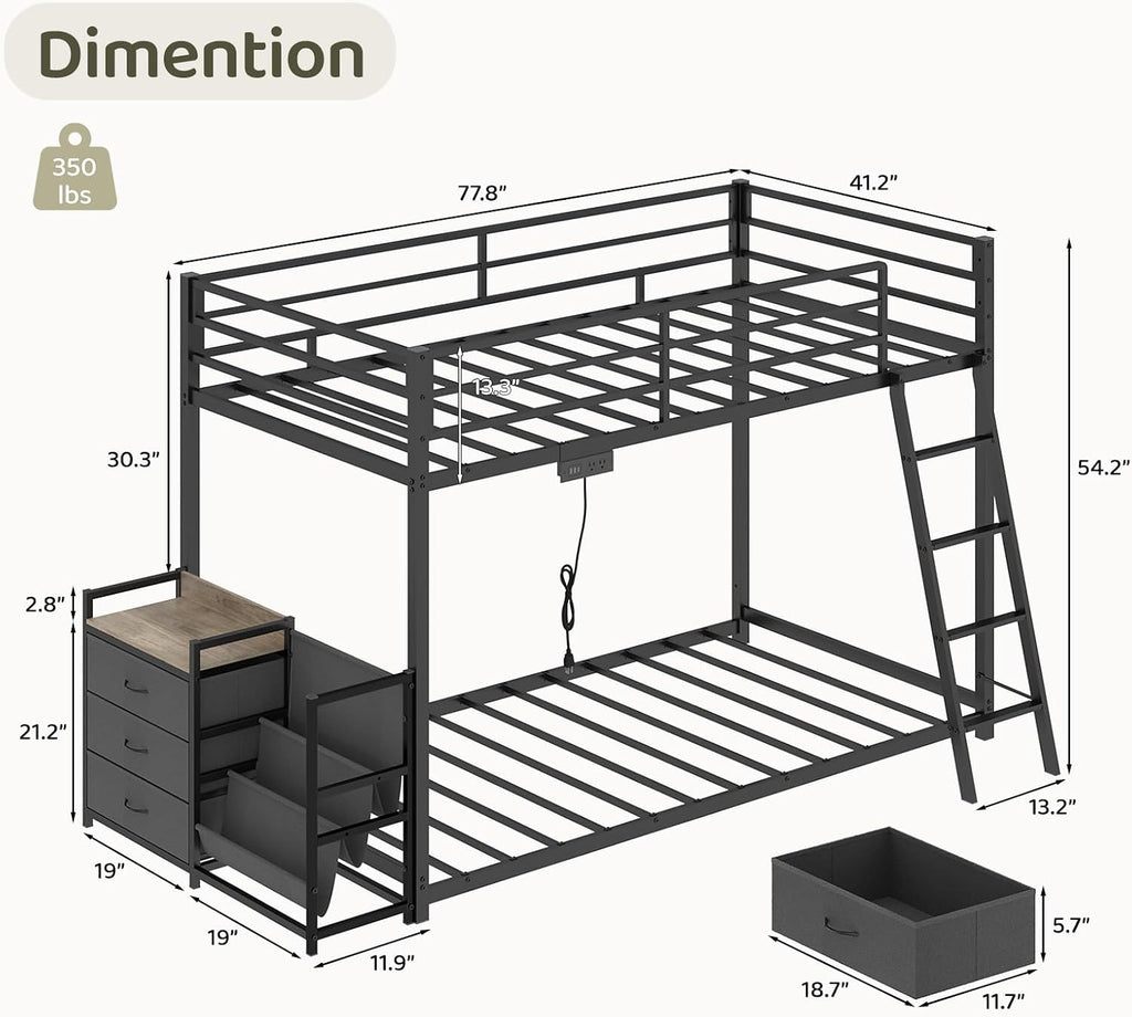 Bonnlo Bunk Bed Twin Over Twin with 3 Storage Drawers, 3 Tier Book Shelf, Bunk Bed with LED Lights, Charging Station, Inclined Ladder, Suitable for Kids & Teens, Space Saving (Black)