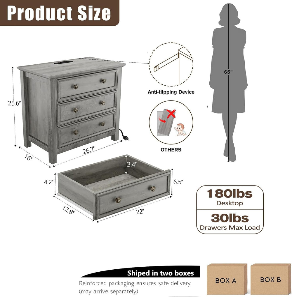 LGHM Set of 2 Large Nightstand with Charger Station, 27" W Night Stand w...