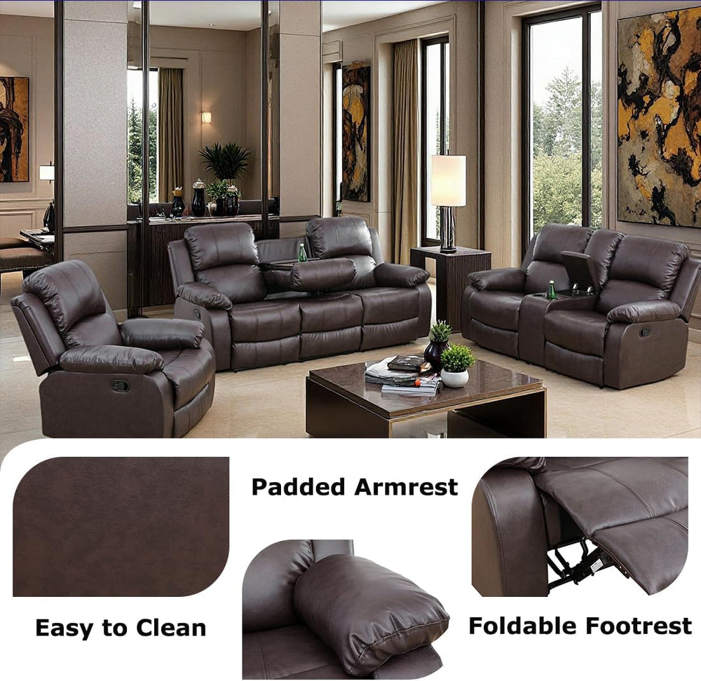 Manual Reclining Couch Sofa Set with Drop-Down Table, 3 Pieces Brown Leather ...
