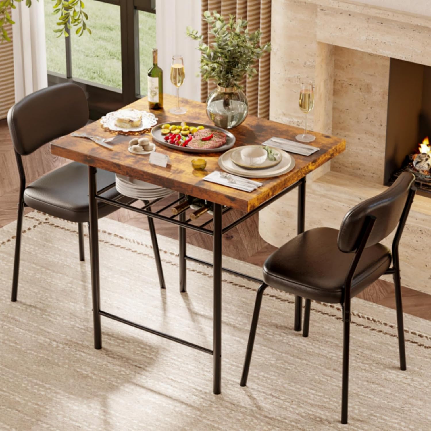VINGLI Dining Table Set for 2, Small Kitchen Table Set with Upholstered Chairs, 3-Piece Dining Set with Storage Rack, Wood Dining Room Set with Metal Legs for Small Spaces, Living Room, Rustic Brown