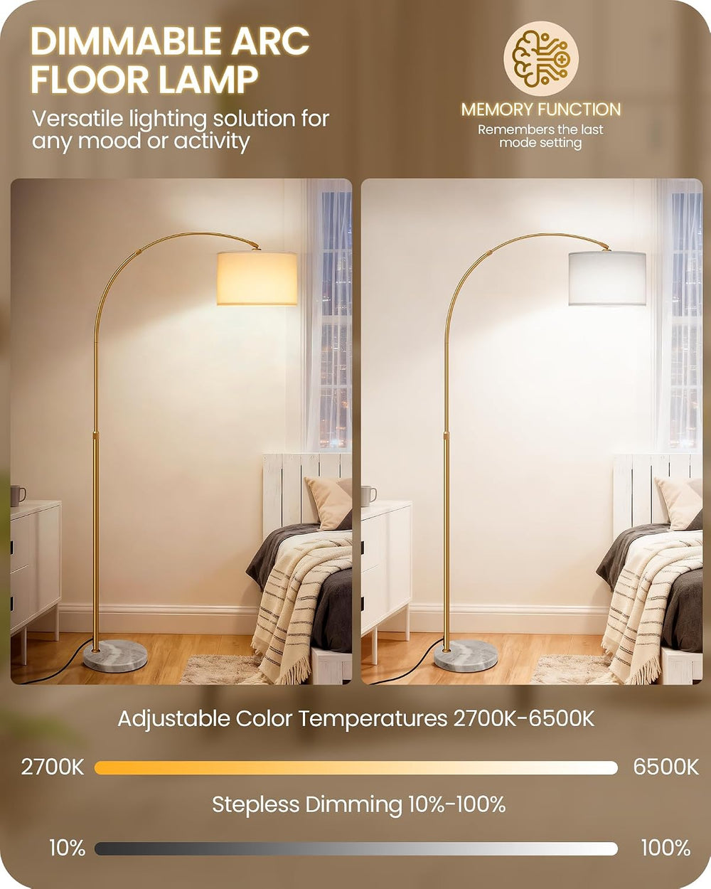 75" Dimmable Gold Arc Lamp with Marble Base, Adjustable Height, White Shade